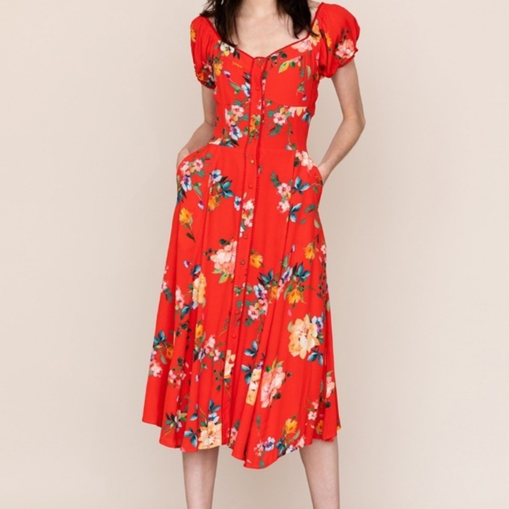 Yumi Kim Red Floral Button-Front Midi Dress